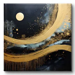 SAF Navy Blue & Gold Toned Wave Printed Canvas Wall Art image 2