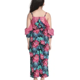 StyleStone Woven Cold Shoulder Frill Detailed Floral Printed Jumpsuit - Pink & Navy Blue image 3
