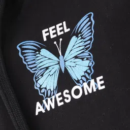 Doreme Terry Full Sleeves Hoodie with Kangaroo Pockets Butterfly Print - Black image 3