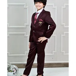 BT DEZINES Satin Full Sleeves Solid 3 Piece Party Suit Set With Polka Dots Printed Tie - Maroon image 4