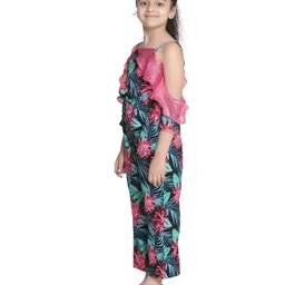 StyleStone Woven Cold Shoulder Frill Detailed Floral Printed Jumpsuit - Pink & Navy Blue image 4