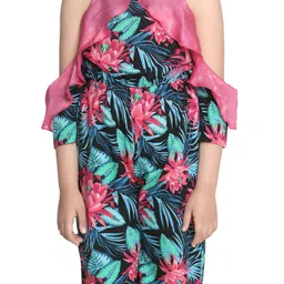 StyleStone Woven Cold Shoulder Frill Detailed Floral Printed Jumpsuit - Pink & Navy Blue image 5