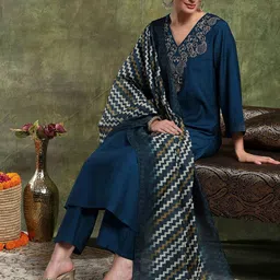 Nayam By Lakshita Women Ethnic Motifs Embroidered Kurta with Trousers & Dupatta image 4