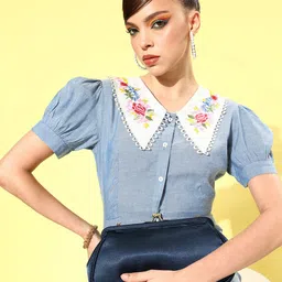 KASSUALLY Women Stunning Blue Solid Statement Collar Dress-picture-25