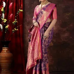 JUST FASHION Purple & Pink Silk Zari Work Saree With Unstitched Blouse image 4