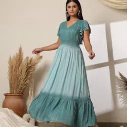 VESTIDO MODAS Women Turquoise Blue Flared Sleeve V Neck Maxi Dress-picture-12