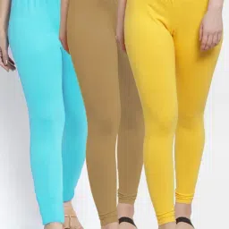 Gracit Yellow & Blue Mid Rise Leggings - Pack Of 3-image-95