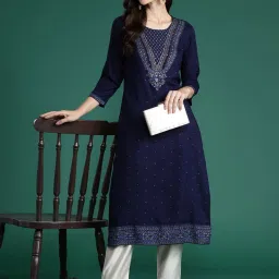 Indo Era Blue Printed Straight Kurta image 4