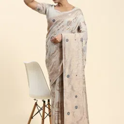 JUST FASHION Grey Linen Woven Saree With Unstitched Blouse image 4