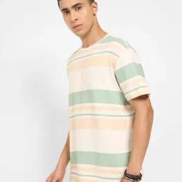 7 Alt By Pantaloons White & Peach Cotton Relaxed Fit Striped T-Shirt image 3