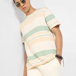 7 Alt By Pantaloons White & Peach Cotton Relaxed Fit Striped T-Shirt image 4