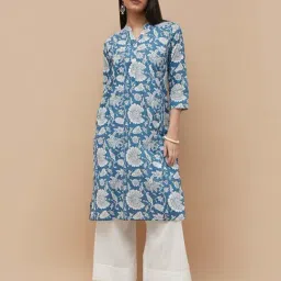 Melange By Lifestyle Navy Cotton Regular Fit Floral Print Kurta-picture-40