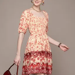 Label Ritu Kumar Floral Print Smocked Puff Sleeves Dress image 1