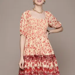 Label Ritu Kumar Floral Print Smocked Puff Sleeves Dress image 3