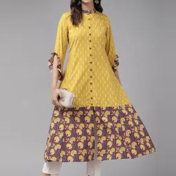 YASH GALLERY Yellow Cotton Printed A Line Kurta image 4