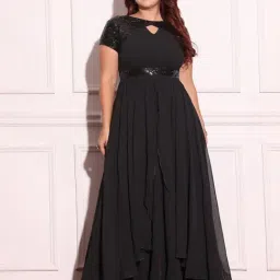 Miss Chase A+ Black Georgette Embellished Fit & Flare Dress-image-47