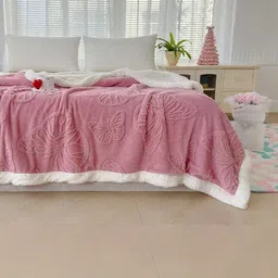 Reexplore Pink Microfibre Floral 354GSM Cotton Double Bed King Size Sherpa Blanket image 2