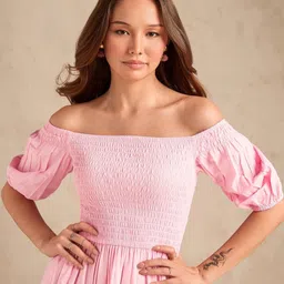 Outzidr Floral Embroidered Off-Shoulder Puff Sleeve A-Line Midi Dress image 4