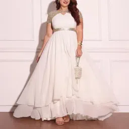 Miss Chase A+ White Georgette Embellished Fit & Flare Dress-image-0