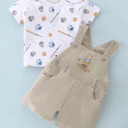 ToffyHouse Half Sleeves T-Shirt With Dungaree Baseball & Bear Embroidery & Print - Fawn image 1