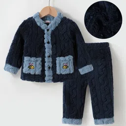 Kookie Kids Full Sleeves Winter Night Suit With Honey Bee Embroidery - Navy-picture-18