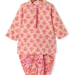 Babyhug Cotton Woven Full Sleeves Floral Printed Kurta Dhoti Set with Mirror Work Detailing - Peach-picture-24