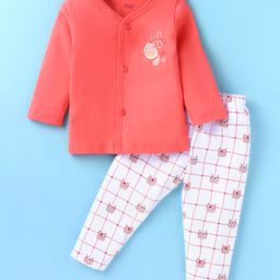 Simply Interlock Knit Full Sleeves Front Open Night Suit With Checks & Bear Print - Red & White-picture-18