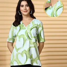 Zelena 100% Cotton Half Sleeves Heart Pattern Printed Maternity Zipless Feeding Top With Nursing Access - Green-image-92