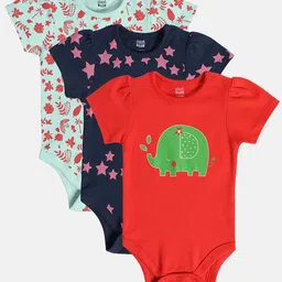 MINI KLUB Cotton Pack Of 3 Half Sleeves Star & Animal Printed Onesies - Blue Navy Blue & Red-image-58