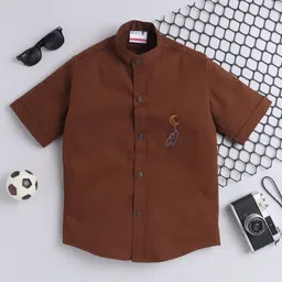 BAATCHEET Cotton Half Sleeves Elephant Embroidered Shirt - Brown-image-37
