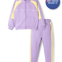 Primo Gino 100% Cotton French Terry Knit Full Raglan Sleeves Solid Color Block Winter Wear SweatJacket & Joggers Co-Ord Set - Lavender-picture-12