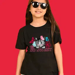 NUSYL Cotton Blend Half Sleeves Cat Printed Oversized Tee - Black-image-52