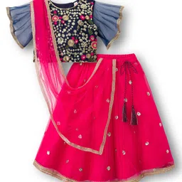 Babyhug Woven Frill Sleeves Choli Lehenga & Dupatta Set With Floral Sequin Detailing & Embroidered - Fuschia-picture-11