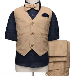 Rikidoos Full Sleeves Solid 3 Piece Party Suit Set With Bow - Navy Blue & Khaki-picture-27