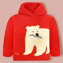 Cherry Crumble By Nitt Hyman Knit Full Sleeves Polar Bear Patch Embroidered Light Winter Hooded Sweatshirt - Red-picture-32