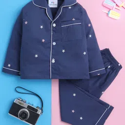 Knitting Doodles Pure Cotton Woven Full Sleeves Stars Printed Coordinating Night Suit Set - Navy Blue-picture-20