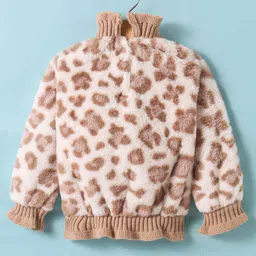Little Kangaroos Fleece Knit Full Sleeves Fur Sweatshirt With Cheetah Print Design - Beige image 2