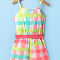 Dew Drops Poplin Woven Singlet Sleeves Front Open Jumpsuit With Checks & Cap - Multicolor image 2