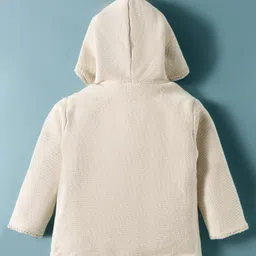 Babyoye 100% Cotton Knit Full Sleeves Front Open Sweater With Hood & Solid Dyed - Ivory image 2