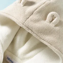 Babyoye 100% Cotton Knit Full Sleeves Front Open Sweater With Hood & Solid Dyed - Ivory image 3