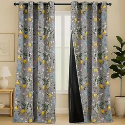 BFAM Grey & Yellow 2 Pieces Floral Black Out Door Curtain-picture-41