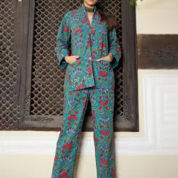 Eeshva India Green Hand Blocked Blazer with Pant In Cotton-image-1