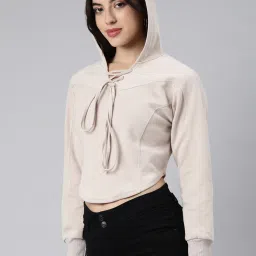 showoffff SHOWOFF Beige Relaxed Fit Crop Hoodie image 4