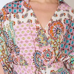 Globus Women Multi Pink Shirt Collar Ruched Sleeves Ethnic Motifs Print Belted Fusion Jumpsuit image 4