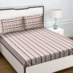 BELLA CASA Genteel Stripes Brown 180 TC Cotton King Bedsheet with 2 Pillow Covers-image-41