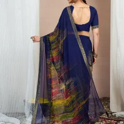 Satrani Navy Blue Chiffon Printed Saree With Unstitched Blouse image 4