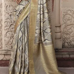 Elora Beige & Grey Silk Woven Saree With Unstitched Blouse image 4