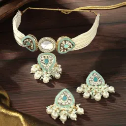 Zaveri Pearls Turquoise Blue Multistrand Artificial Stones Choker Necklace & Earring Set for Women-image-5