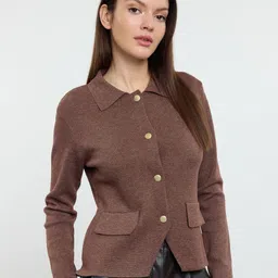 Trendyol Women Solid Long Sleeves Shirt Collar Front-Open Sweaters-image-11