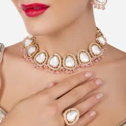 Zaveri Pearls Pink Artificial Stones & Beads Choker Necklace Earring & Ring Set for Women-picture-19